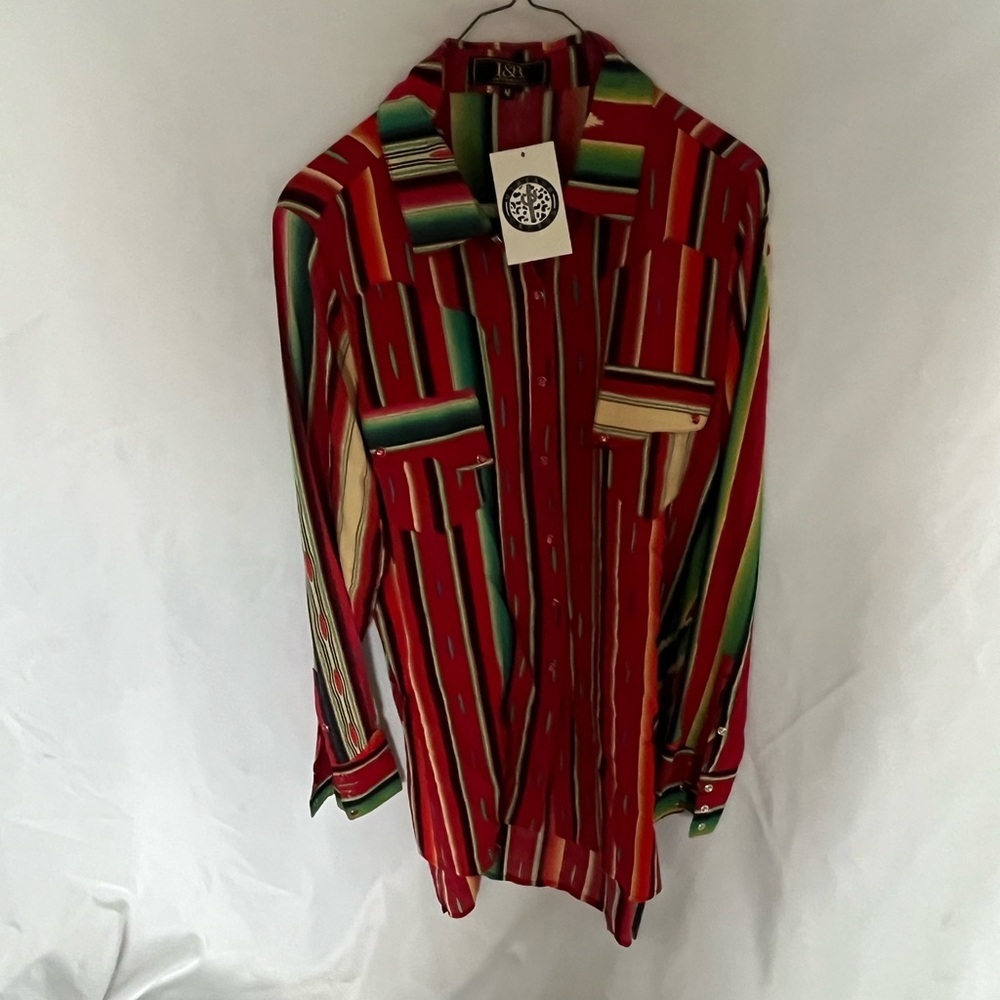 NWT Lucky & Blessed Western Shirt - Vibrant Striped Button-Up, Red, Medium